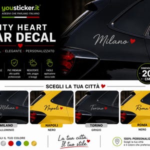 Può includere: Adesivo per auto con la scritta "CITY HEART CAR DECAL". L'immagine mostra un'auto nera con un adesivo che dice "Milano" con un cuore. L'adesivo misura 20 cm. L'adesivo è personalizzabile e disponibile in vari colori.