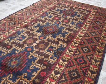 アフガン民族ラグ、4x7インチのハンドメイドウールラグ、伝統的な