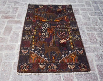 2&#39;10 x 4&#39;10 Feet, Beautiful handmade vintage afghan baluch pictorial area rug, 100% wool rug, pictorial rug, hand knotted rug, kitchen rug