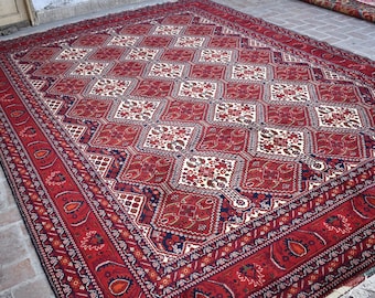 Fine Afghan Turkmen Rug 9'6x13'7 ft Hand Knotted Area Rug/ Large Geometric Rug/ Red Nomadic Rug/ Oriental Oushak Rug/ Dining Room Rug 10x14