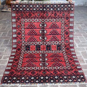 Red Hand Knotted Afghan Rug 4&#39;2x6 Turkmen Oushak Rug, Geometric Tribal Rug, Traditional Area Rug, Soft Piles Wool Rug, Living Room Rug 4x6