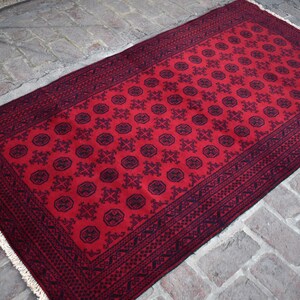 Baluchi Oriental Rug 3&#39;8x7 ft Tribal Hand Knotted Tegap Area Rug, Geometric Turkmen Authentic Rug, Veg Dyes Wool Rug, Kids Room Rug, Red Rug