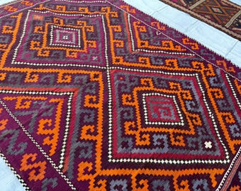 1960s Geometric Rug 7x10 Antique Afghan Qalaino Rug/ Handwoven Tribal Area Rug/ Faded Turkmen Wool Rug/ Dining Room Rug/6'9x10 Purple Orange