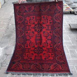 Red Afghan Rug 3&#39;1x5 Hand Knotted Tribal Bukhara Area Rug, Geometric Turkmen Rug, 100% Natural Wool Rug, Traditional Entryway Office Rug 3x5