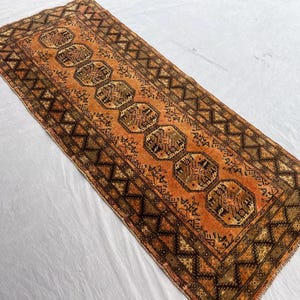 3x7 Terracotta Antique Turkmen Runner Rug/ Neutral Afghan Geometric Bokhara Rug/ Muted Hallway Corridor Wool Rug/ Traditional Carpet 2'8x6'7