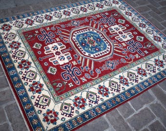 Alfombra afgana kazaja de 147 x 190 cm, anudada a mano, estilo geométrico tribal, 100 % lana natural, estilo turcomano oriental, 152 x 183 cm, roja y azul, ideal para decoración del hogar.