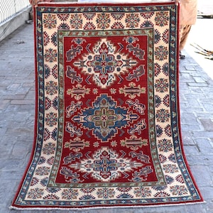 Fine Hand Knotted Kazak Rug 3&#39;10x6 Afghan Geometric Rug/ 100% Wool Rug/ Turkmen Oriental Rug/ Red Area Rug/ Kitchen Bedroom Carpet/ Rug 4x6