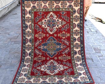 Fine Hand Knotted Kazak Rug 3'10x6 Afghan Geometric Rug/ 100% Wool Rug/ Turkmen Oriental Rug/ Red Area Rug/ Kitchen Bedroom Carpet/ Rug 4x6