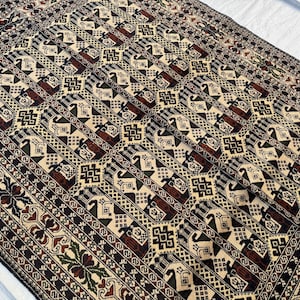 White Afghan Rug 5x7 ft Fine Hand Knotted Turkmen Rug/ Geometric Nomadic Area Rug/ Soft Piles Wool Boho Rug/ Black Dining Table Carpet 5x6'7
