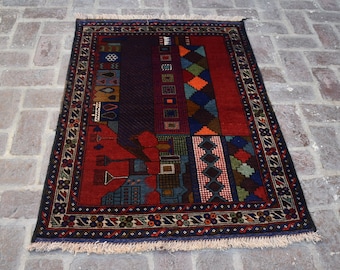 3&#39;1 x 4&#39;3 Feet, Beautiful handmade vintage afghan baluchi pictorial area rug, 100% wool rug, natural dyes rug, hand knotted rug, small rug