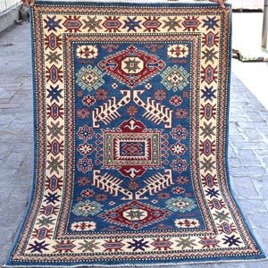Blue Geometric Kazak Rug 4x5&#39;10 ft Turkoman Tribal Rug/ Hand Knotted Wool Rug/ Fine Quality Rug/ Afghan Oriental Rug/ Living Room Carpet 4x6