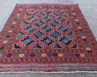 6'6 x 8'7 Feet, Beautiful handmade vintage afghan maldari area kilim rug, 6x9 area rug, hand woven rug, 100% wool rug, traditional rug, rugs
