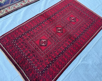 Vintage Turkmen Rug 4x6 Hand Knotted Afghan Area Rug/ Geometric Bokhara Rug/ Tribal Traditional Rug/ Red Living Room Rug/3'7x6'3 Wool Carpet