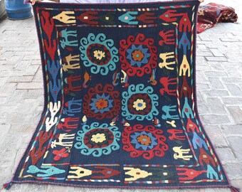 フラットウィーブ アフガン ピクトリアルラグ 4'1x5'6 ft トルクメン