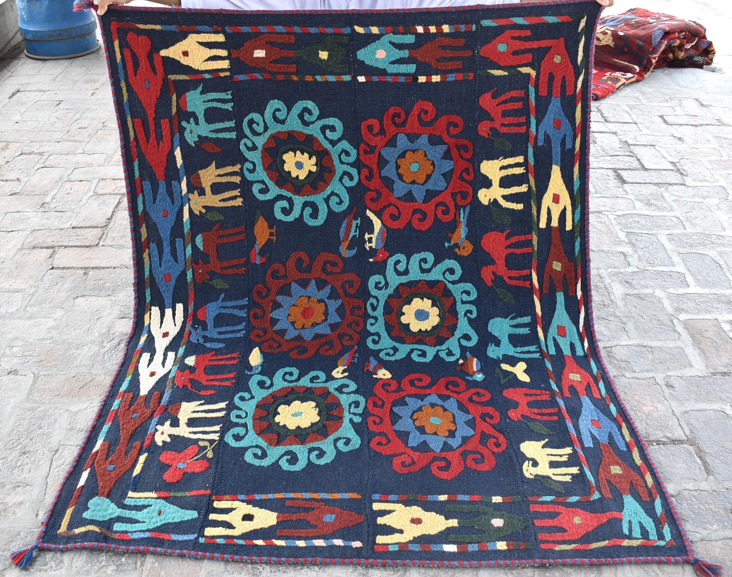 フラットウィーブ アフガン ピクトリアルラグ 4'1x5'6 ft トルクメン