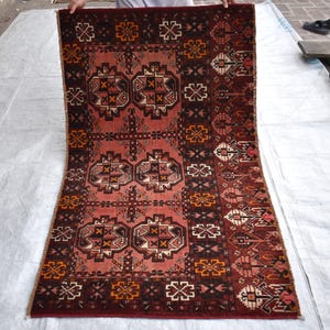 3x6 Geometric Afghan Rug 1960s Turkmen Hand Knotted Tribal Area Rug, Natural Dyes Wool Rug, Vintage Oriental Rug, Kids Room Rug, Pink Orange