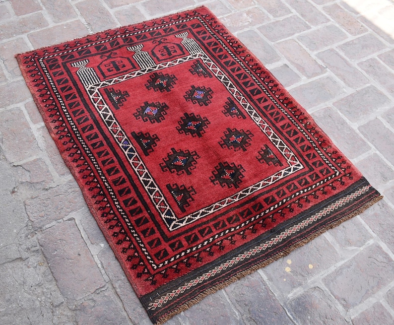 3'1 x 4 Feet, Beautiful handmade vintage afghan baluch area rug, 100% wool rug, home decor rug, kitchen rug, small vintage rug, small rug image 1