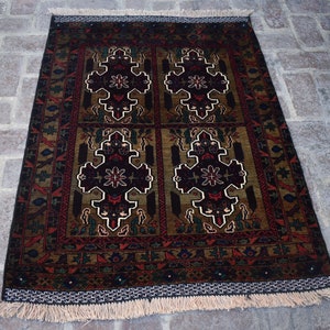 3&#39;4 x 4&#39;5 Feet, Gorgeous handmade vintage afghan baluch wool area rug, hand knotted rug, 100% wool rug, kitchen rug, natural dyes rug