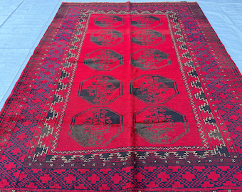 Alfombra antigua de la década de 1960, 1,5 x 2,4 m, turcomana, afgana, geométrica, tribal, de lana, pieza de colección, rara, anudada a mano, roja, 1,68 x 2,25 m