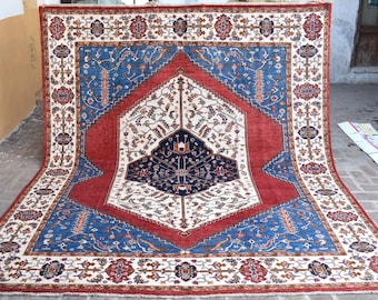 Hand Knotted Afghan Area Rug 8'4x9'9 ft Large Geometric Rug/ Turkmen Oushak Rug/ Traditional Tribal Rug/ 100% Wool Rug/ Living Room Rug 8x10