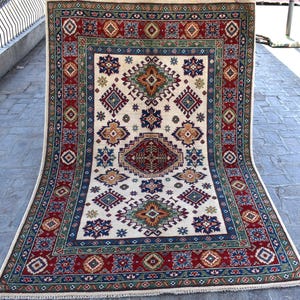 White Hand Knotted Kazak Rug 5x7'5 Afghan Geometric Rug/ Turkoman Nomadic Rug/ Natural Dyes Wool Rug/ Kitchen Bedroom Rug/ 5x7 Area Carpet