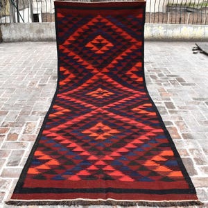 Alfombra tejida a mano afgana roja 4&#39;4x11&#39;9 Alfombra Maldari Runner / Alfombra Kilim geométrica / Alfombra tribal turcomana / Alfombra de lana tradicional / Corredor de dormitorio de cocina