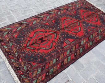 ヴィンテージ幾何学模様ラグ 4x6'5フィート、アフガニスタン手織り