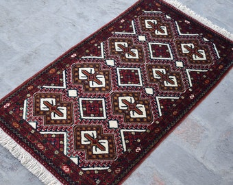 1'10 x 3'4 Feet, Gorgeous hand knotted vintage afghan turkmen tekke rug, 100% wool rug, hand knotted rug, traditional rug, small area rug