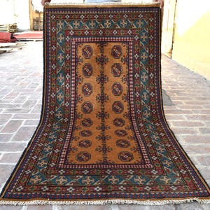 Orange Afghan Bokhara Rug 3&#39;4x6&#39;5 Turkoman Tribal Rug/ Hand Knotted Wool Rug/ Vegetable Dyes Rug/ Traditional Area Rug/ Entryway Office Rug