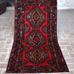 Baluchi Red Rug 3&#39;8x6&#39;7 Hand Knotted Afghan Geometric Area Rug, Tribal Caucasian Vintage Rug, High Pile Wool Rug, Oriental Top Quality Rug