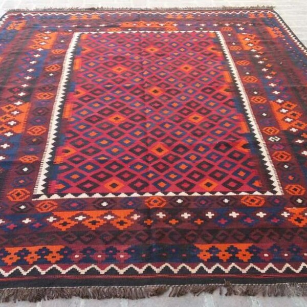 7'3 x 10'4 Feet, Stunning vintage tribal afghan wool maimana area kilim rug, Large tribal rug kilim >>> DISCOUNTED PRICE