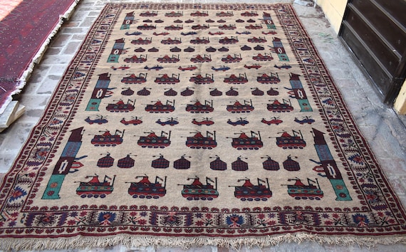 Afghan Pictorial Rug 6'9x9'1 ft Handmade Baluchi War Area Rug, Home Decor Rug, Kids Room Rug, Vintage Turkmen Rug, Living Room Rug, Rug 7x9