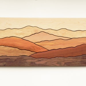 Mountain scene wood wall art /Sugar maple, Yellow birch, Red birch, Cherry, Butternut, Mahogany, Black walnut/