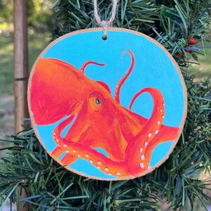 Orange octopus hand painted wood slice ornament, octopus art, ocean, sea