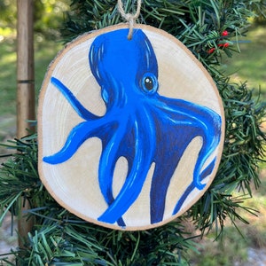 Blue octopus hand painted wood slice ornament, octopus art, ocean, sea