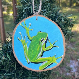 Frog hand painted wood slice ornament, frog art, frog decor
