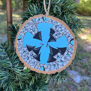 Medieval  Kaleidoscope hand painted wood slice ornament, medieval art, knights, dragons, castle
