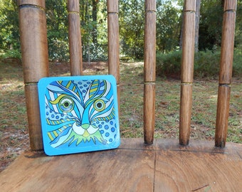 Cat Face - Light Blue MINI hand painted wood bowl