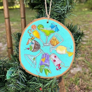 Tropical drinks Kaleidoscope hand painted wood slice ornament, alcohol,  spirits, tropical drinks, vacation, Jimmy Buffet