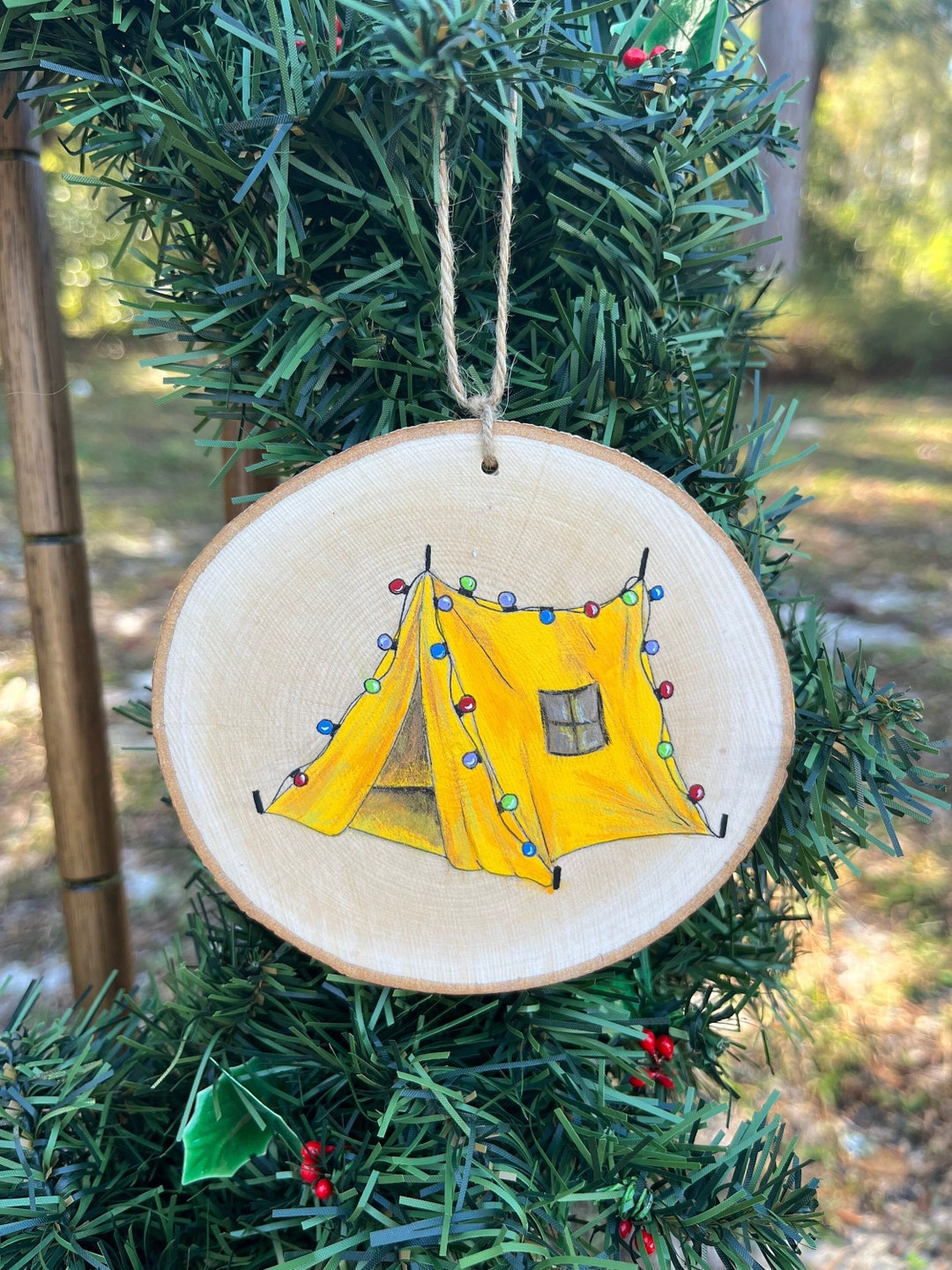 Camping Tent in Holiday Lights Hand Painted Wood Slice Ornament ...