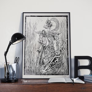Dragon Slayer Ornstein | Dark Souls | Linoprint A3 Art Print | Video game art