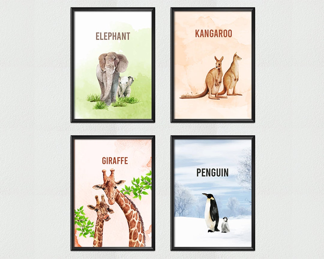 Nursery Animal Wall Art, Safari Animal Prints, Set of 4, Nursery Decor