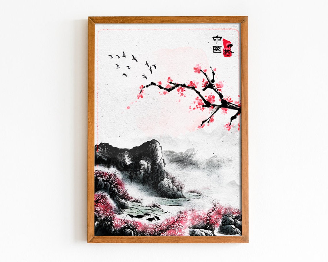 Japanese Art, Water Color Wall Art, Cherry Blossom Wall Art, Traditional Art, Nature Paintings