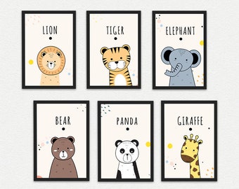 Safari Animals Wall Art, Safari Nursery,  Set of 6 Prints, Nursery Decor, Nursery wall art, Baby gift, Animal Nursery Art, Digital Download