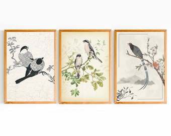 Set of 3, Bird Art, Japanese Arts, Printable Wall Art, Home Decor, Antique Birds Art, Vintage Art, Digital Download, Floral Art, Wall Decor