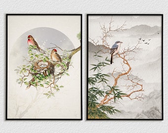 Arte japonés de aves, Artes florales japonesas, Arte mural imprimible, Decoración oriental del hogar, Ilustraciones de aves antiguas, Arte vintage, Descarga digital