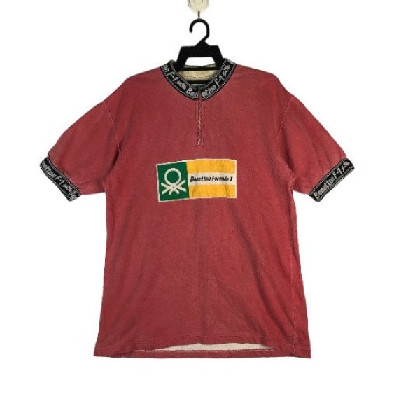 Vtg 90s Benetton Formula 1 flag logo quarter zip up sweatshirt short sleeves size 46