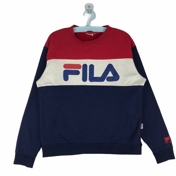 Vtg 90s Fila colorblock big logo spell out casual retro sweatshirt extra comfort fleece lining L size