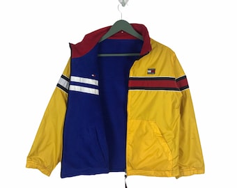 Vtg 90s Tommy Hilfiger flag logo line reversible jacket polyester/fleece hip hop swag fashion Medium size women