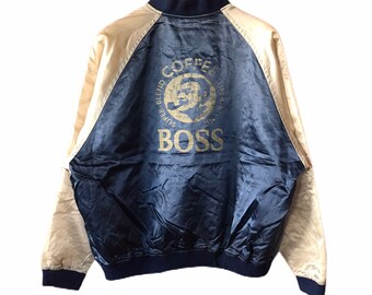 RARE!!VTG 80s suntory boss suntory original design varsity leather letterman large #1752